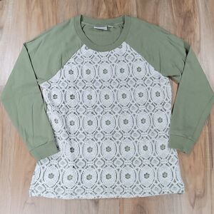 🔺️Denim & Co Olive & Cream Lace Front Long Sleeve Sweater Small